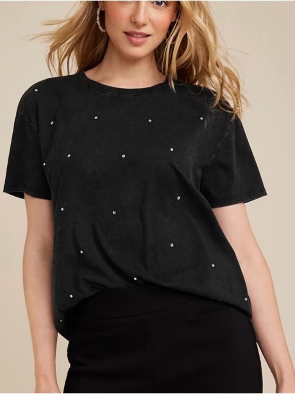 Maurices Edgely Rhinestone Embellished Tee Washed Black Crew Neck Large Women’s